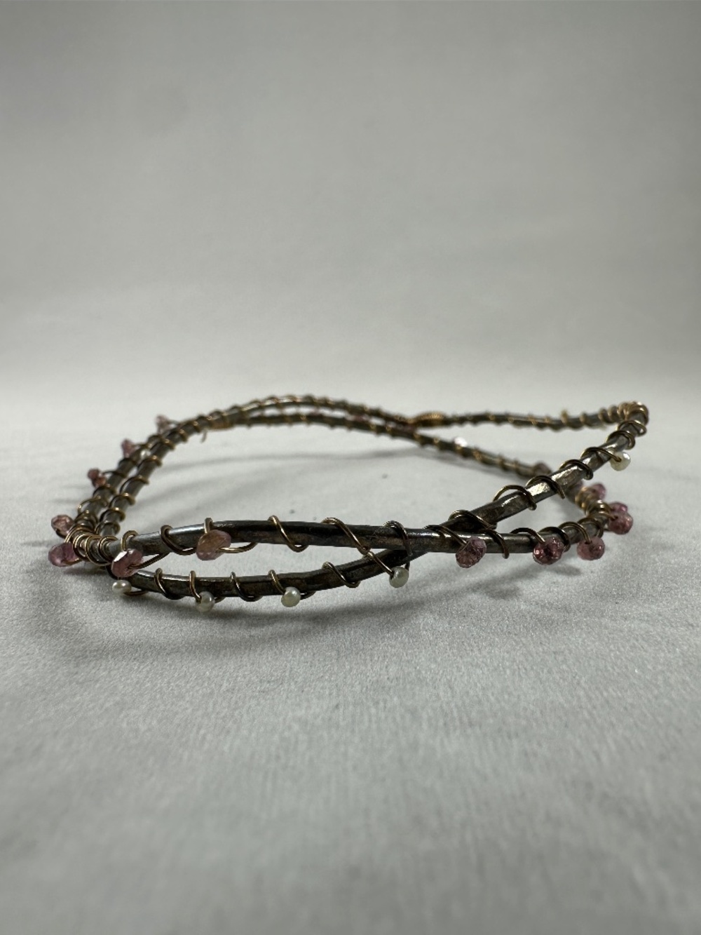 Set of 2 Wire-Wrapped Bangle Bracelets with Pink Tourmaline & Pearl Beads